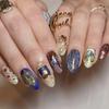 24Pcs Blue Almond Press On Nails With Gold Star Patterns Gentle Romantic Fake Nails For Spicy Girl Manicure