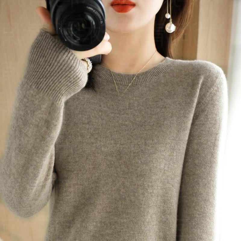 Women's O-Neck Thin Sweaters Solid Color Print Pullovers Fashion Casual Autumn Winter Long Sleeve Pull Jumper Commuter Knitted Base Shirt