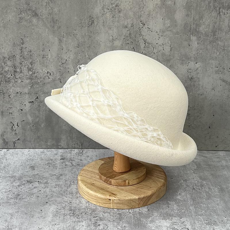 Elegante Netz-Schleifen-Zylinderhut Damen Französischer Retro-Hut mit kurzem Schirm Britischer Woll-Barett
