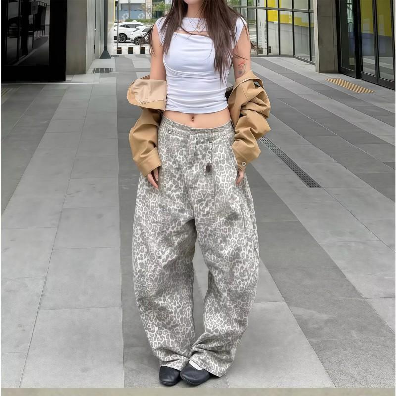 Vintage Leopard Print Low Rise Wide Leg Denim Pants Women Casual Loose Fit Jeans