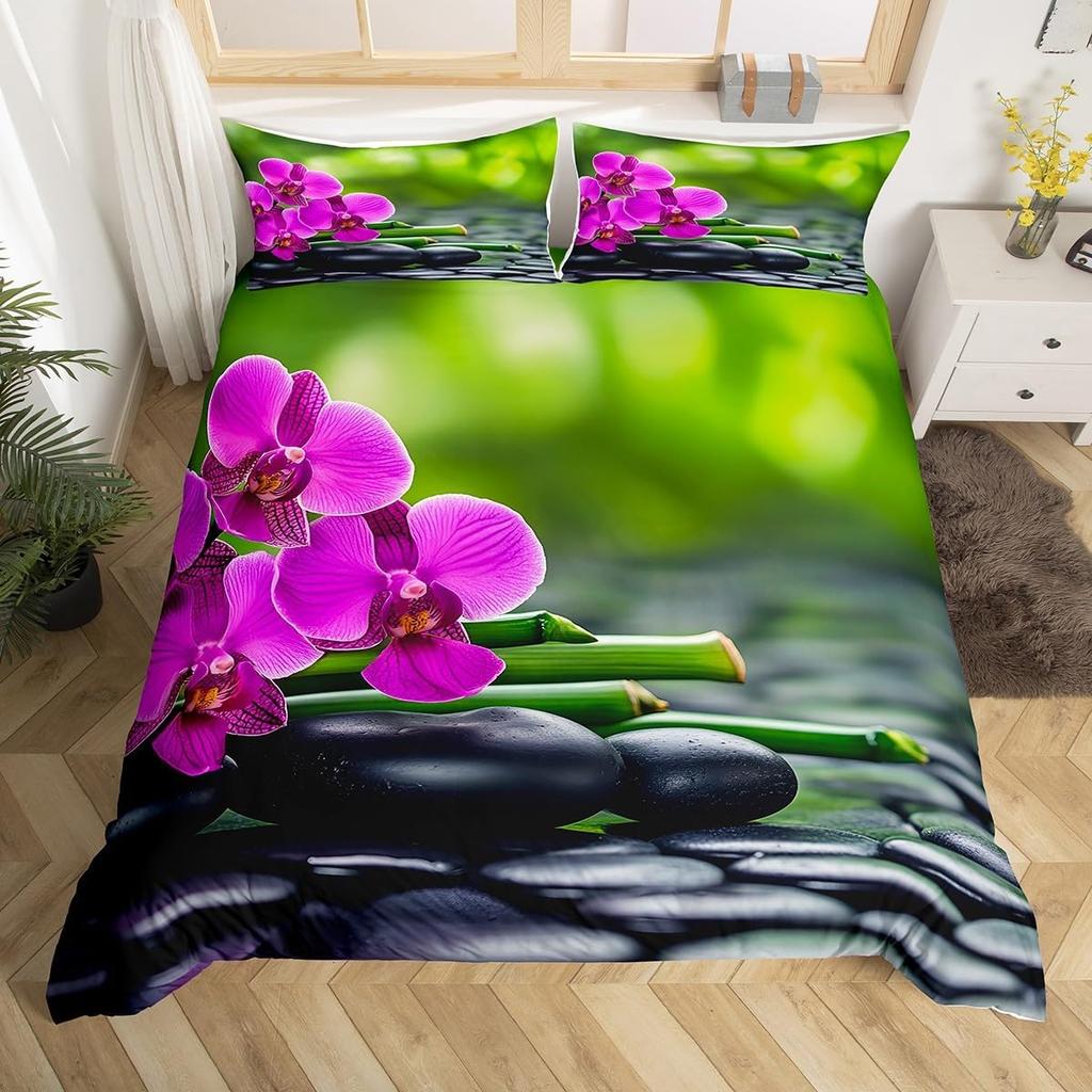 Zen Stones Duvet Cover Green Bamboo Fountain Bedding Set,Twin King,Spa Still Life Comforter Cover Natural Meditation Quilt Cover