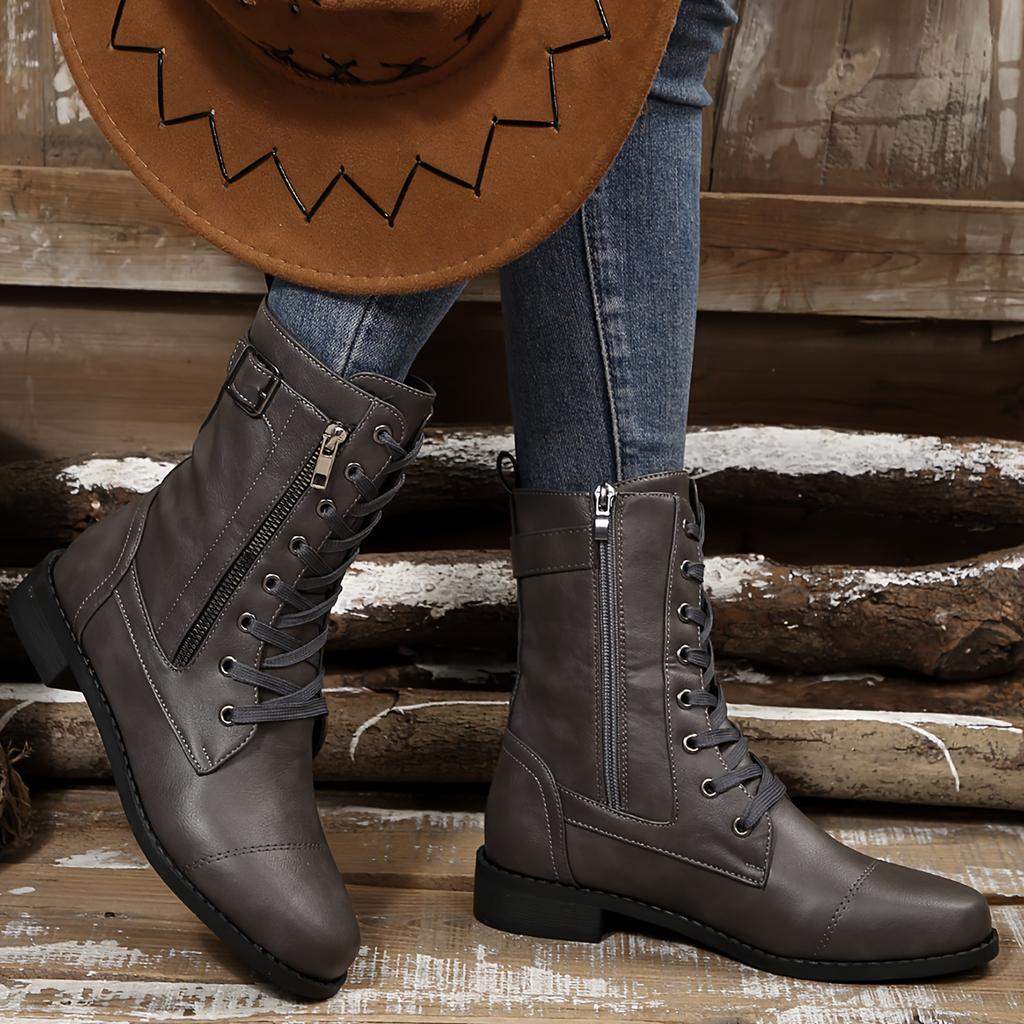Round Toe, Low Heel, Side Zipper, Large Mid Length, Retro Knight Leather Boots for Women, Fashionable and Versatile Shoes
