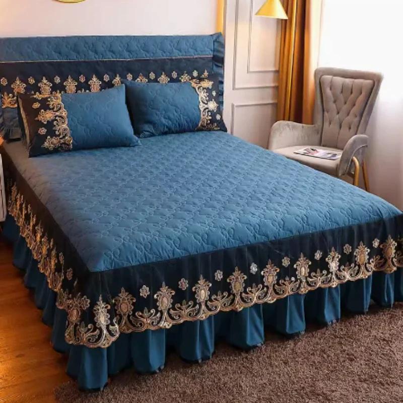 3-Piece Bed Skirt Set Modern Minimalist Lace Dustproof Machine Washable Thickened Bed Covers for Home