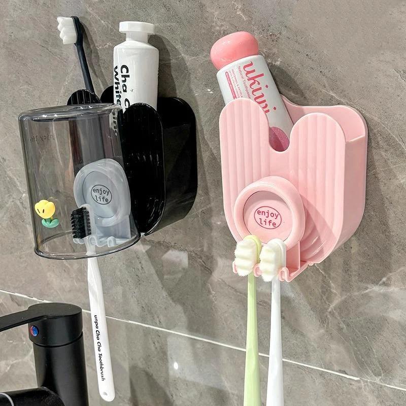 Wall Mounted Toothbrush Holder with Cup Dustproof Drain Hole Design Bathroom Storage Rack for Daily Home Use
