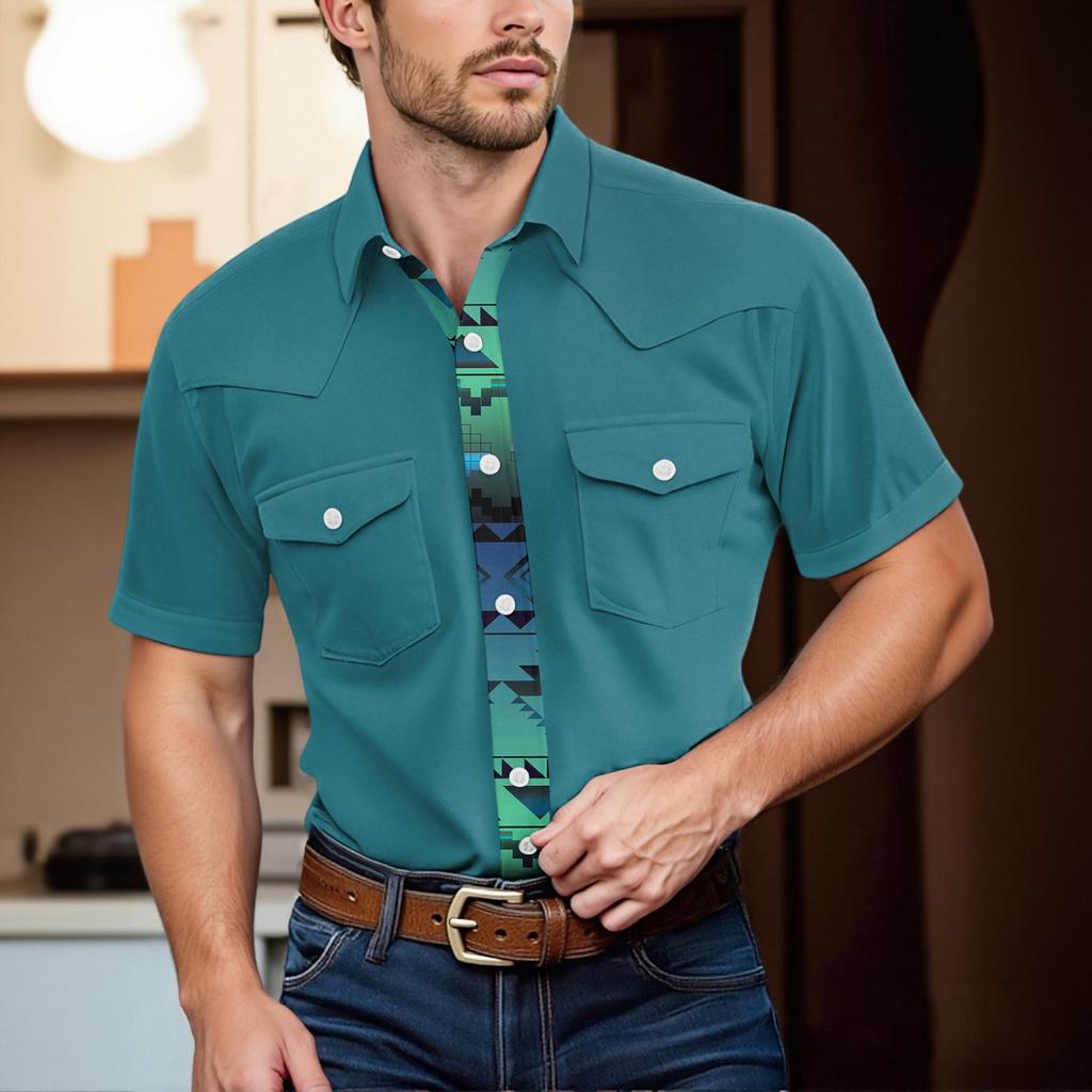 Pánské módní s klopou a krátkým rukávem ležérní top délky po ramena