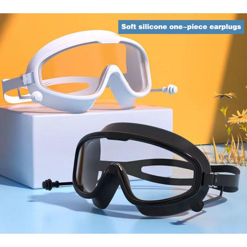Large Frame Swimming Goggles Waterproof Anti-fog HD Swimming Goggles with Earplugs Boys Girls Pool Beach Eyewear for Adult Kids