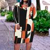 Women Plus Size V Neck Long Sleeve Geometric Printed Straight Dress White Black Orange
