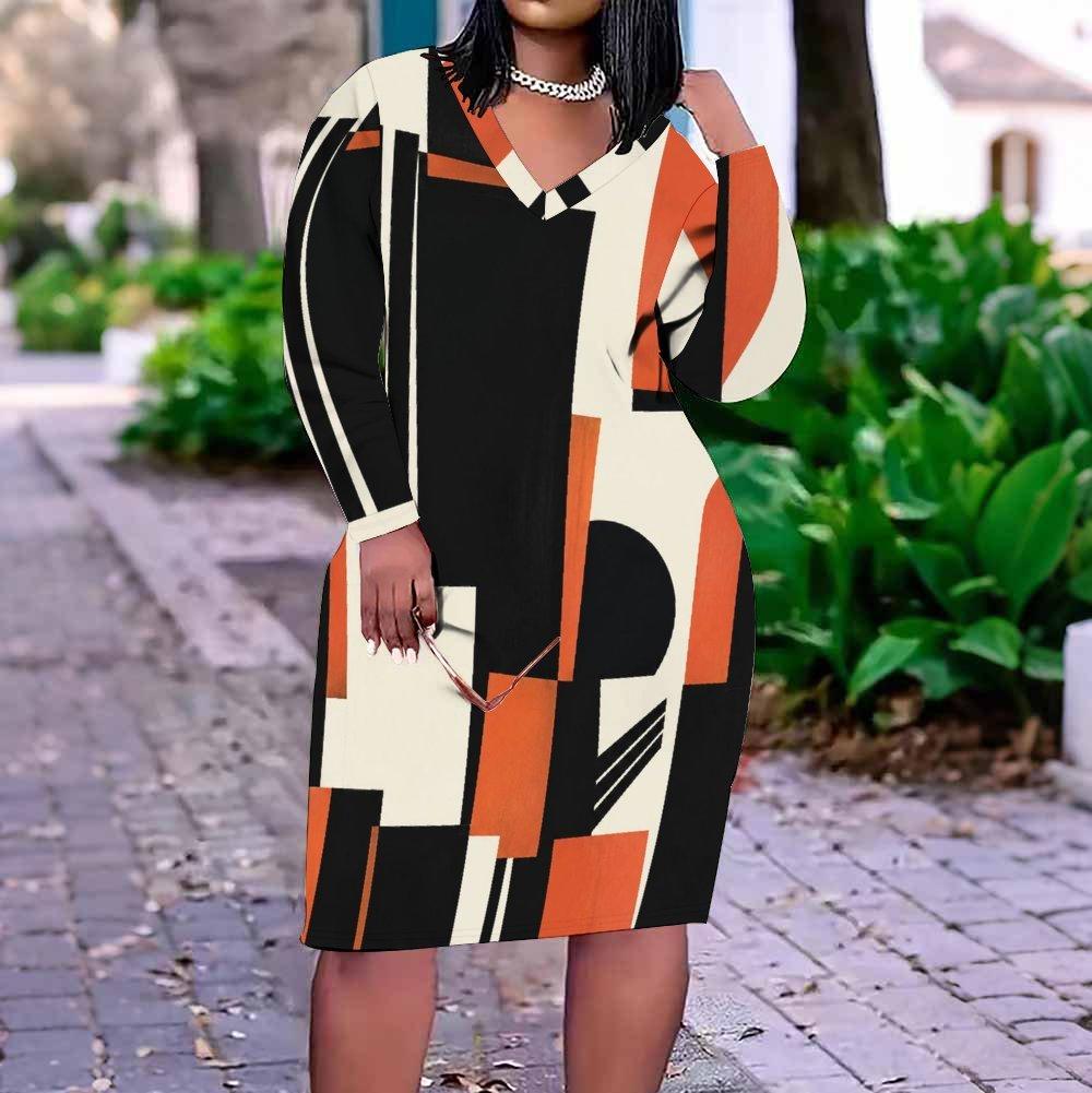 Women Plus Size V Neck Long Sleeve Geometric Printed Straight Dress White Black Orange