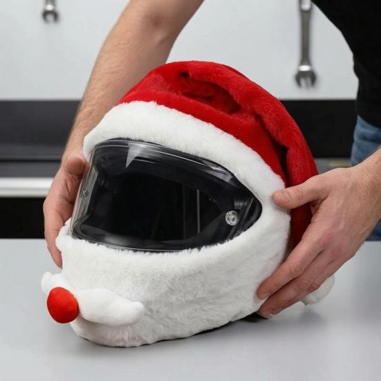 Santa Claus Helmet Hat Christmas Motorcycle Cover, Plush Accessory for Decoration, Xmas Holiday Accessories Men