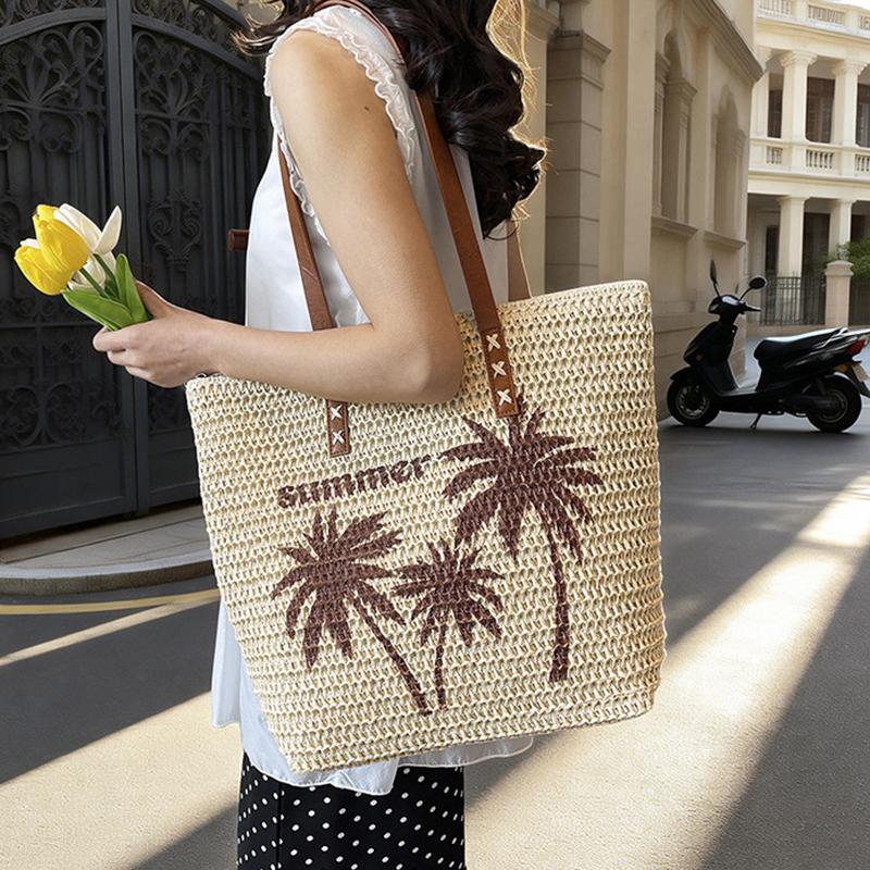 Summer Large Capacity Straw Beach Women's Tote Bags Coconut Tree Pattern Handbag Leather Strap Beach Shoulder Bag