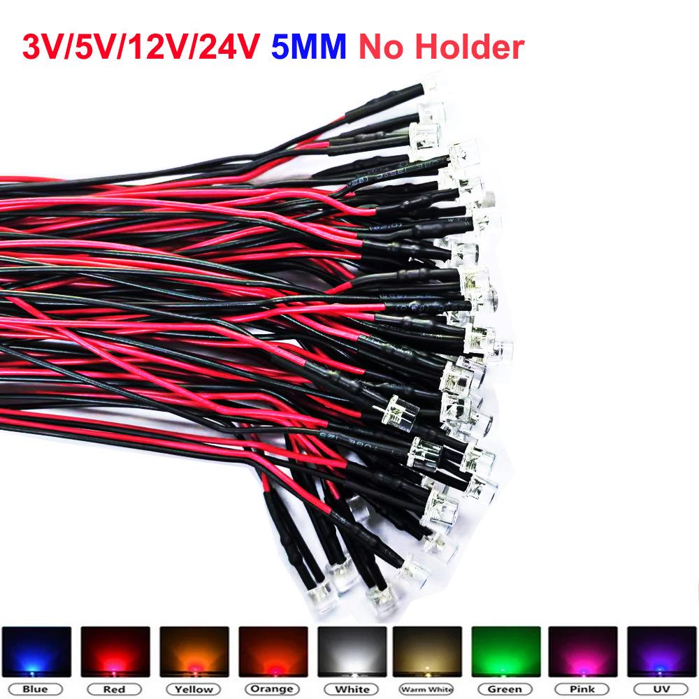 F3/5mm Flat Head Transparent Diffuse LED Signal Indicator with Wires, 3V-24V