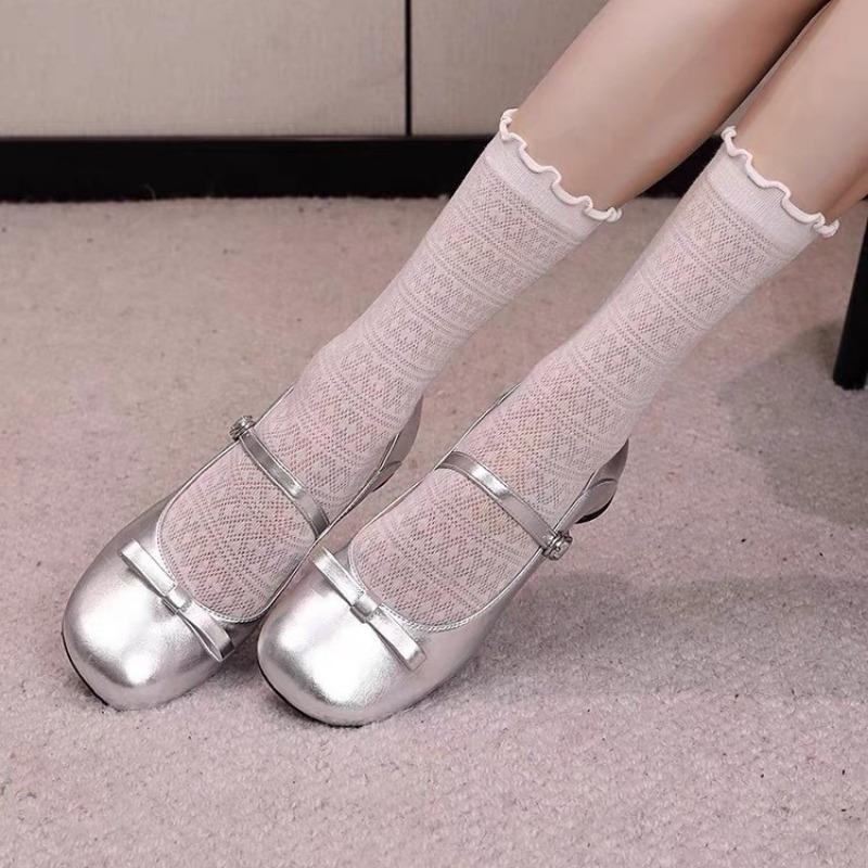 Spring and Autumn Versatile Two Wear Thick Heel Round Head Silver Mary Jane Shoes Retro Bow Light Mouth Single Shoes Women