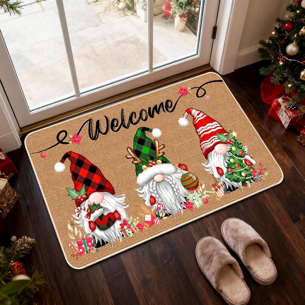 Christmas Gnome Door Mat Plaid Pattern Welcome Rug Festive Home Decor Mat Waterproof Non Slip Floor Protector for Xmas Entrance