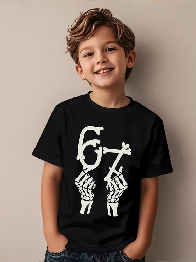 Kids Number 67 Graphic TShirt Soft Cotton Crew Neck Cool Fire Ice Cyberpunk Style for Boys Girlstk0065