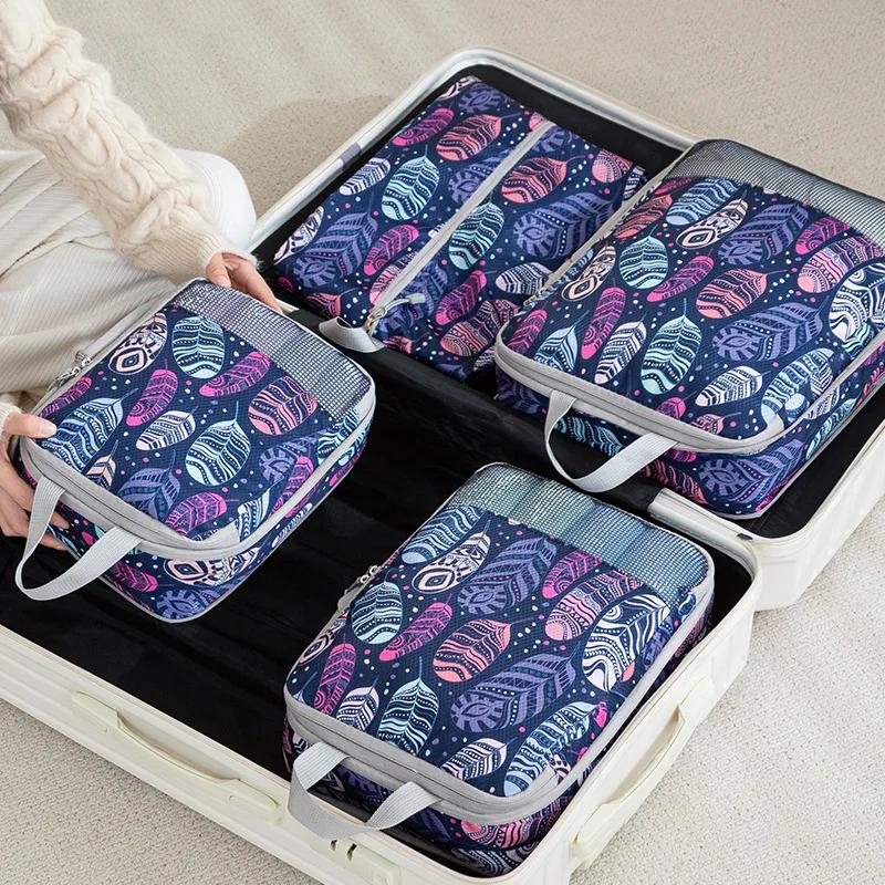 4Pcs/Set Printed Compression Storage Bag Large Capacity Expandable Luggage Storage Bags Set Dampproof Foldable Suitcases Bag