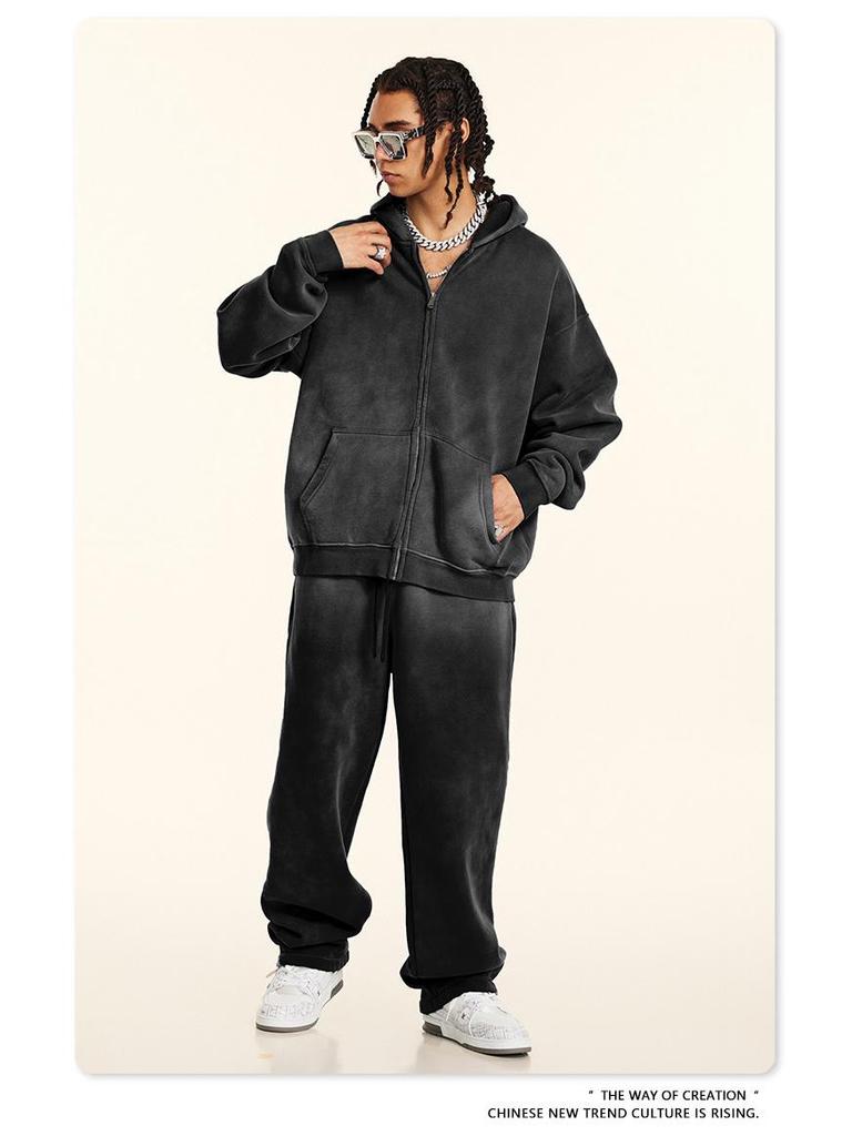 BE Winter 2025 Men's American Trend Plus Velvet Hooded Sweatshirt & Straight Casual Pants Two-Piece Set