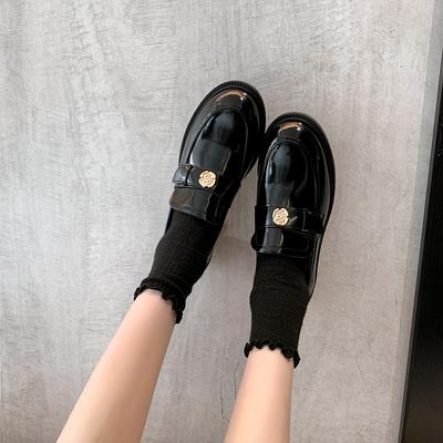 Autumn New Leather Camellia Gold Buckle Round Head One Pedal Thick Heel Loafers Women's Style Small Leather Shoes Single Shoes