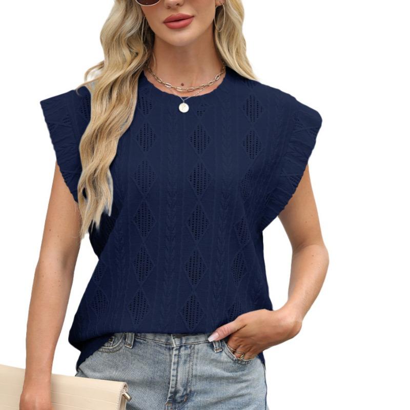 Spring Summer Round Neck Loose Short Sleeved T-shirt Jacquard Top Vest for Women Shirt