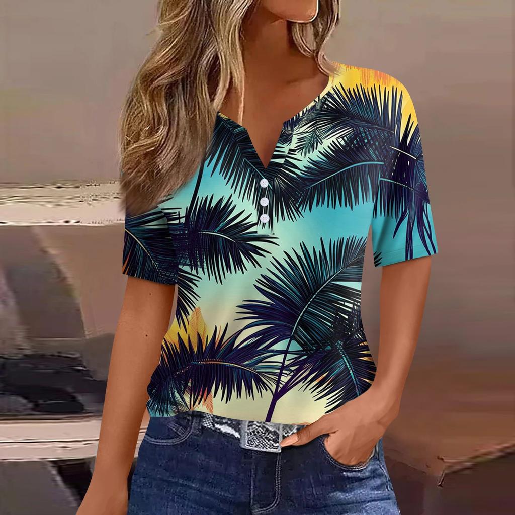 Women's T Shirt Print Button Short Sleeve Daily Weekend Fashion Basic V- Neck Regular Top