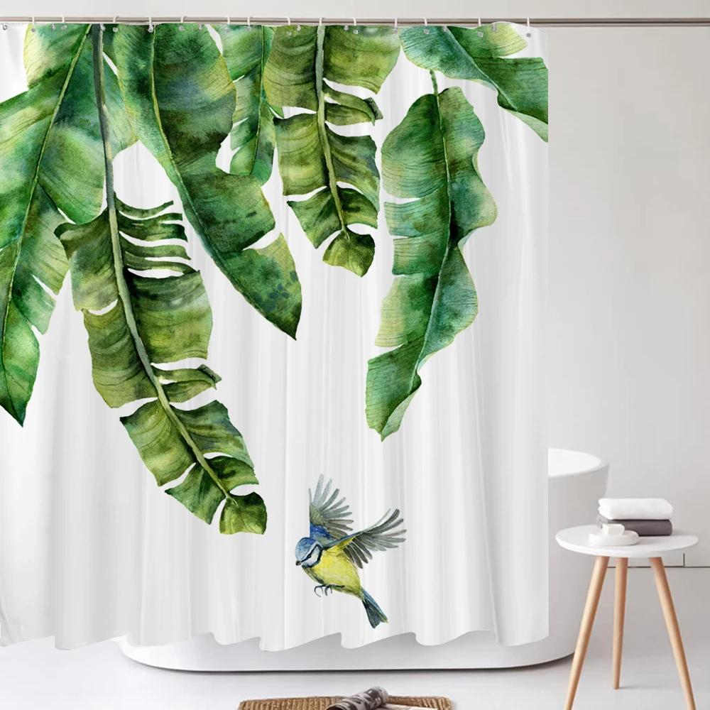 Green Tropical Plants Shower Curtain Bathroom Waterproof Polyester Shower Curtain Leaves Printing Curtains for Bathroom Shower