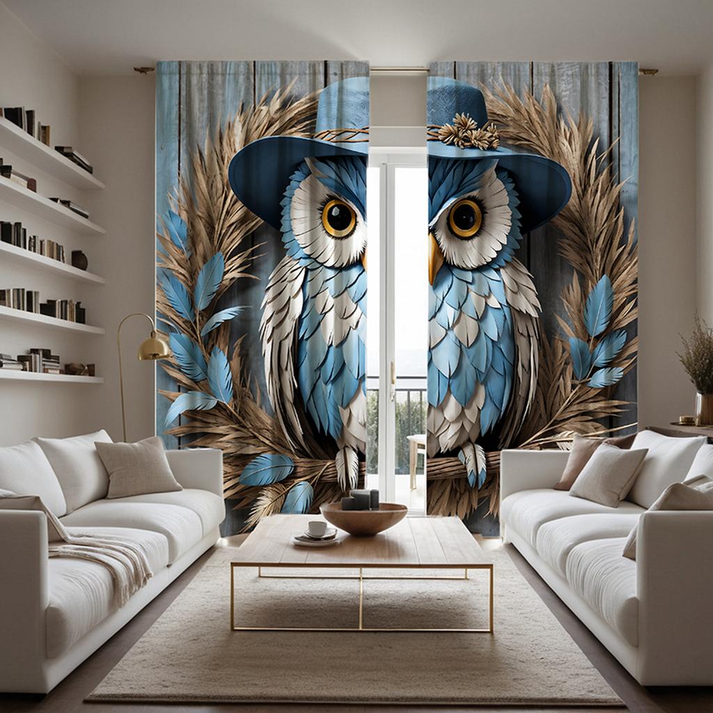 Set Of 2 Hd Garden Wind Straw Owl Decorative Curtain Blue Tie Digital Printed Home Decoration Style Living Curtains Made Polyester