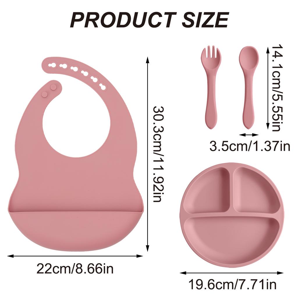 Color Kids 4PCS Baby Silicone Feeding Set Suction Plate BPA Free Waterproof Bib Portable Spoon Fork Toddler Training Tableware