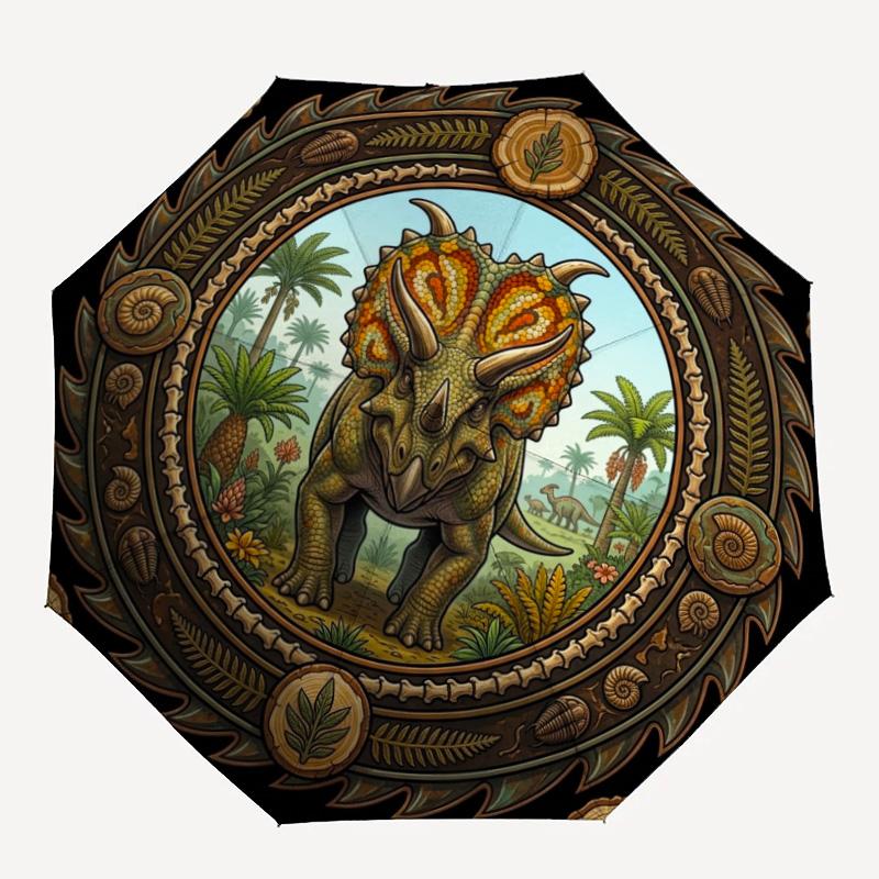 Prehistoric Dinosaur Emblem pattern umbrella, portable and foldable design, 8 ribs, a casual accessory for Halloween, Christmas, and birthday gifts.