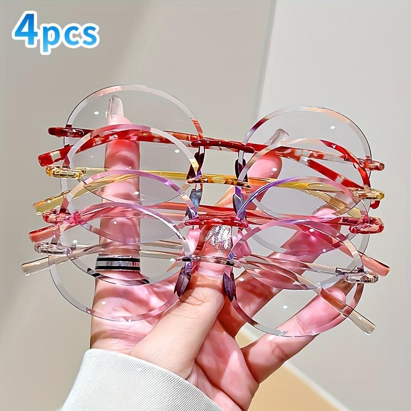 

4Pcs Elegant Round Rimless Reading Glasses Polycarbonate Lens Frame Flower Embellishment Anti-Glare Computer Eyewear 1.5