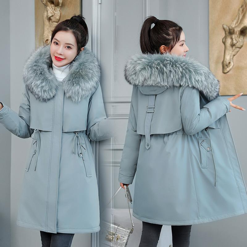 8XL Women Autumn Winter Big Fur Collar Wool Liner Hooded Outwear Jacket Slim Long Coat Casual Parkas Cotton Warm Coats Female