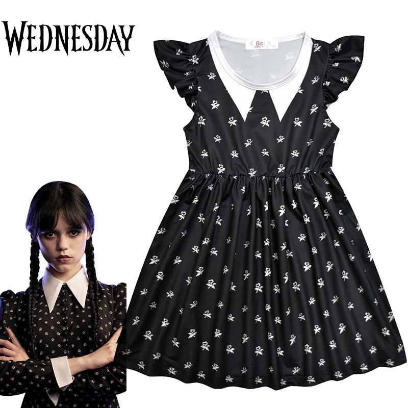 Детский костюм для косплея Семейки Аддамс Уэнсдей Мягкое черное платье из молочного шелка 110cm