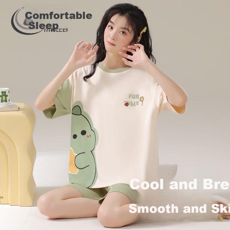 YINSLEEP Women's Summer Thin Short-Sleeve Pajamas, 2026 New Cartoon Style Loungewear Set, Suitable for Outdoor Wear