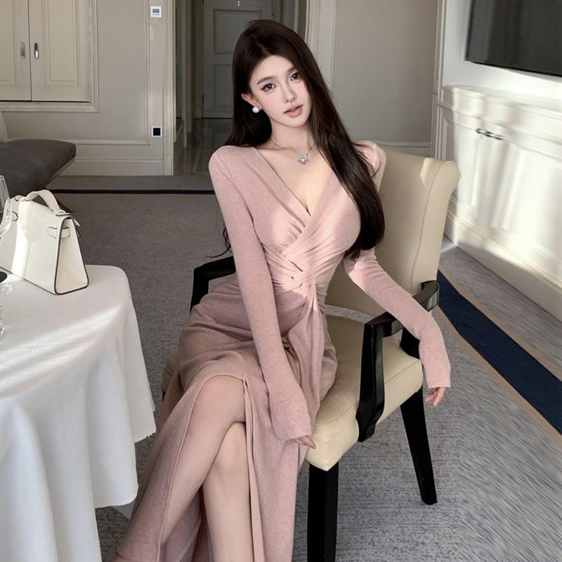 V-neck kinky temperament slim hip skirt straps long sleeves irregular waist gentle tie dress