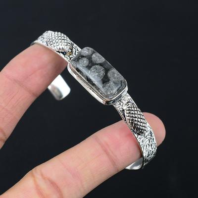 925 Silver Radiant Black Fossil Coral Gemstone Trendy Engagement Bangle Bracelet