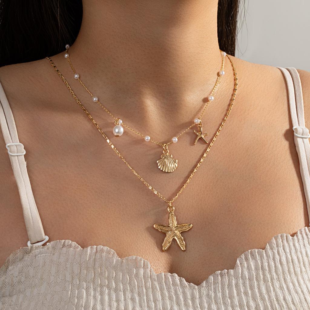 Beach Choker Necklace Shiny Pearl Choker Necklace Double Layered Necklace Bohemian For Gift For Girlfriends Party Beach Vacation