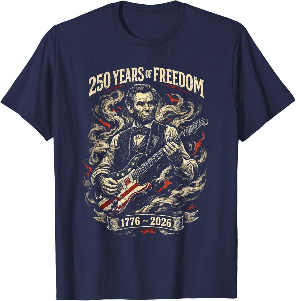 250 Anni di Libertà 1776 2026 Lincoln che Suona la Chitarra Maglietta Unisex Retrò