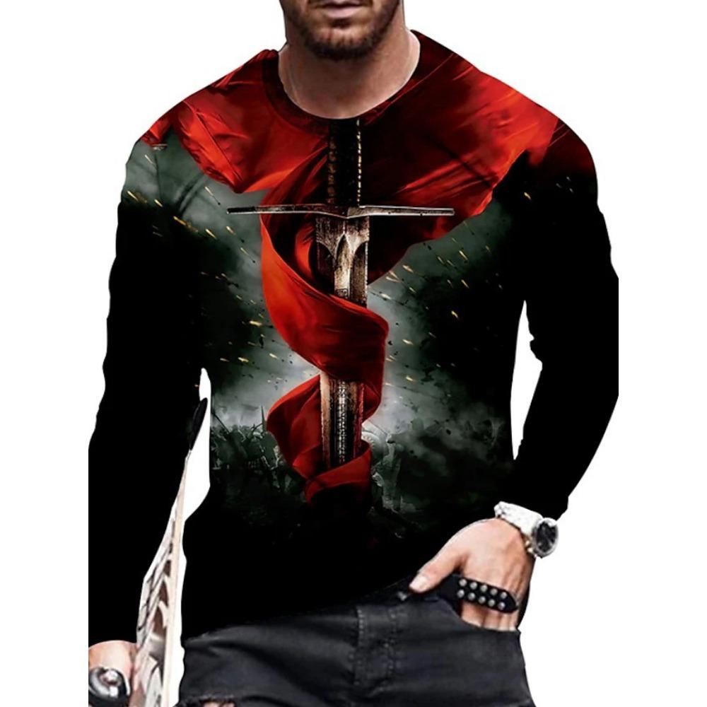 Templar 3D Digital Printed Men's Street Trendy Round Neck Long Sleeve T-shirt