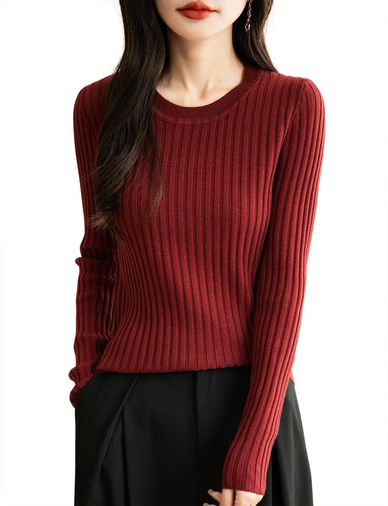 Women's Wool Striped Round Neck Knit Sweater - Loose, Simple Base Layer for a Chic Commute.