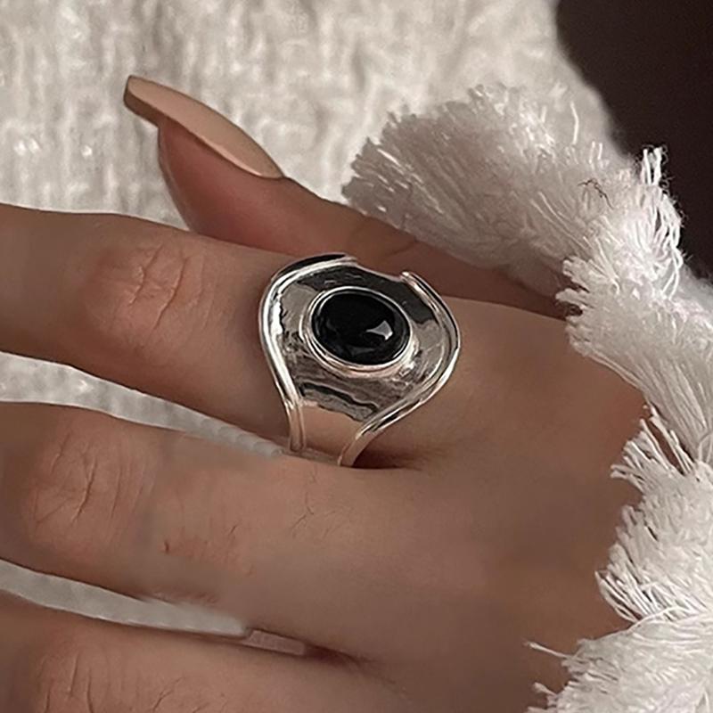 foxanry Black Agate Cuff Rings For Women Couples Vintage Personality Hip Hop Birthday Party Jewelry Accessories Gifts