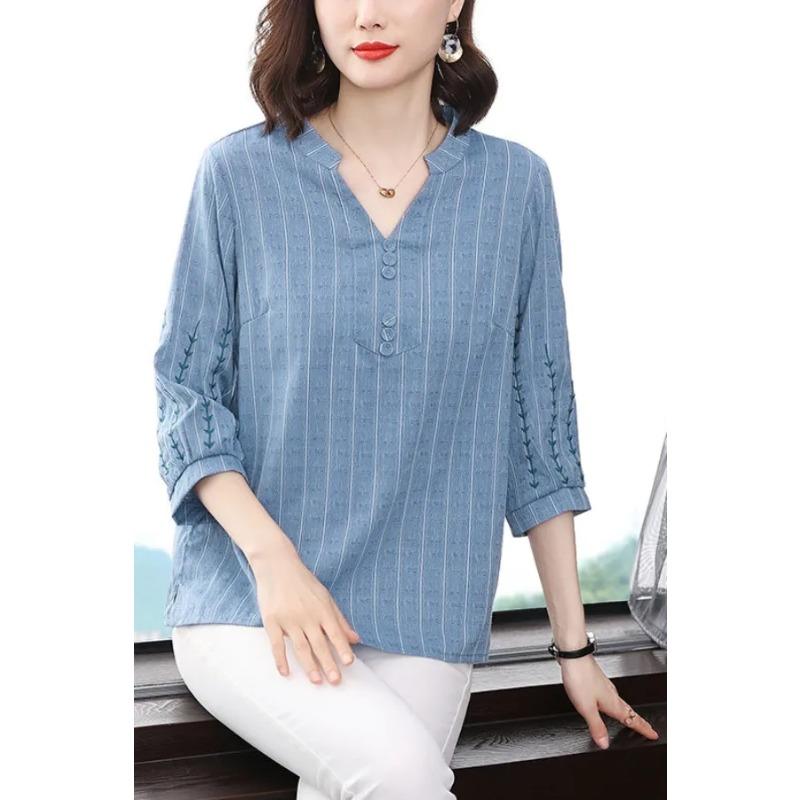 

Women Blue Striped Embroidered V Neck 3/4 Sleeve Linen Blouse M синий
