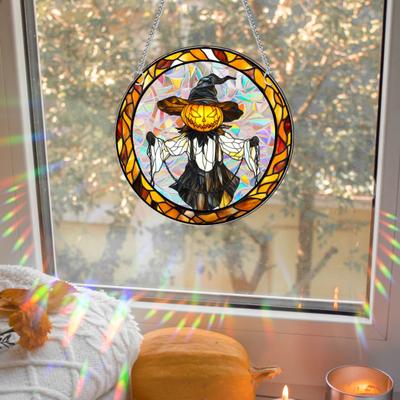 Yousheng Halloween Suncatcher Hanging Decoration Ghost Pumpkin Witch Black Cat Castle Crow Skull Stained Glass 2D Flat Acrylic Wall Window Hanging