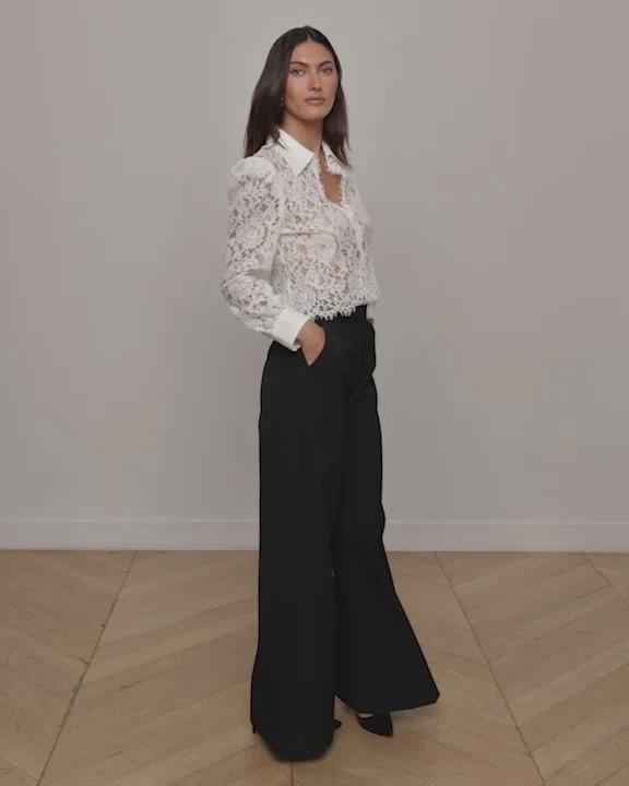 Sexy European & American Lace Lapel Long Sleeve Tassel See-Through Top