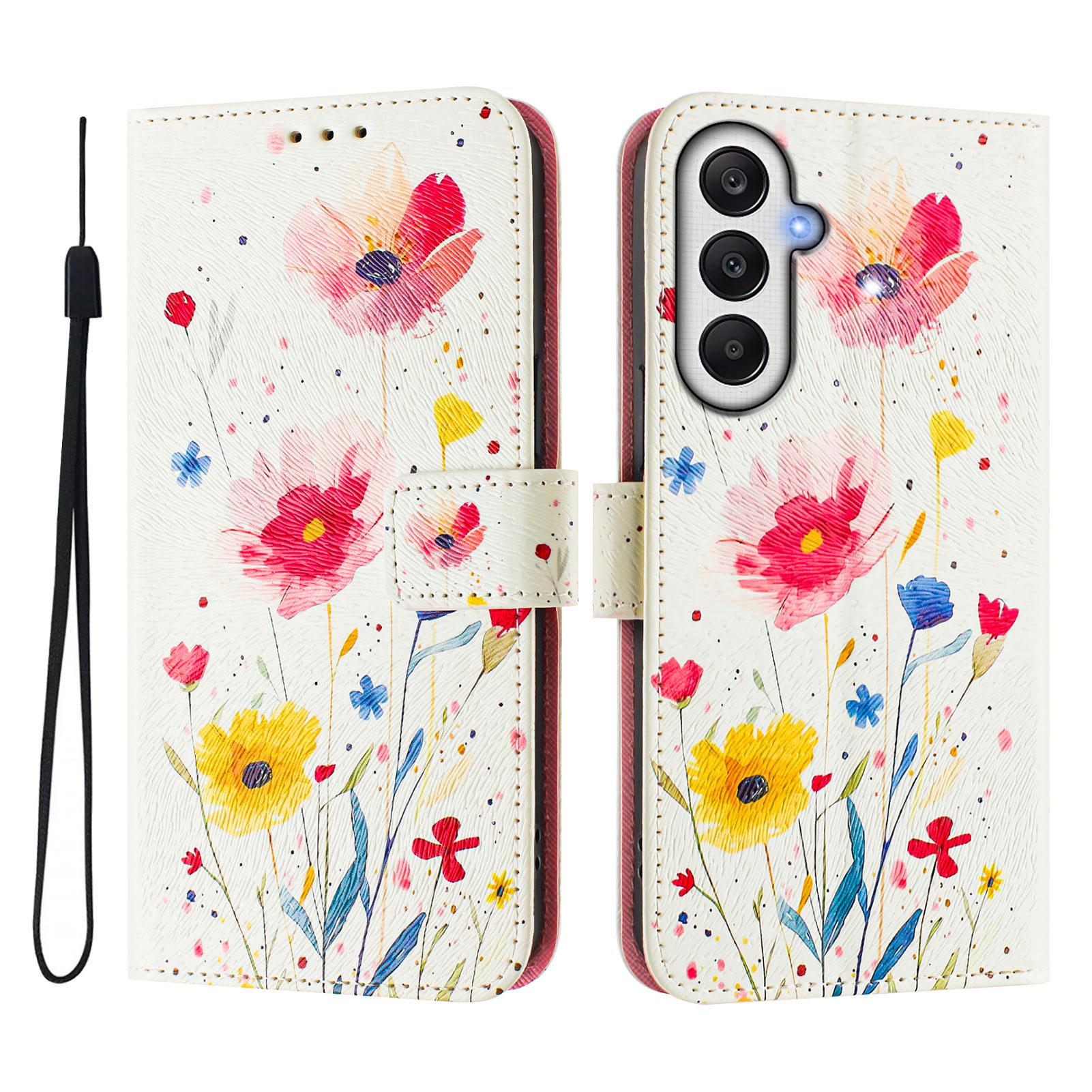 

For Samsung Galaxy S24 FE Leather Case Pattern Printing Wallet Phone Cover with Strap Flower