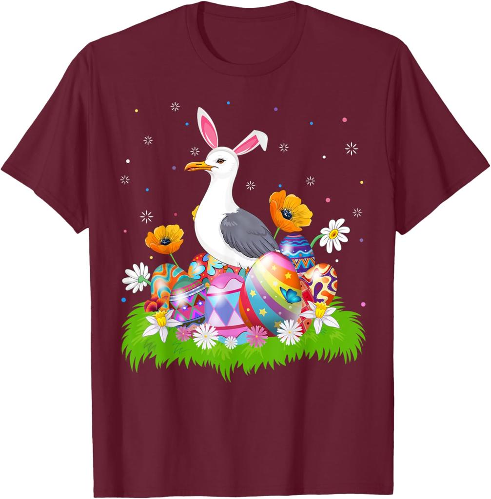 Seagull Bunny Ears Easter Eggs Graphic Tee Men Casual Cotton Short Sleeve T-Shirt