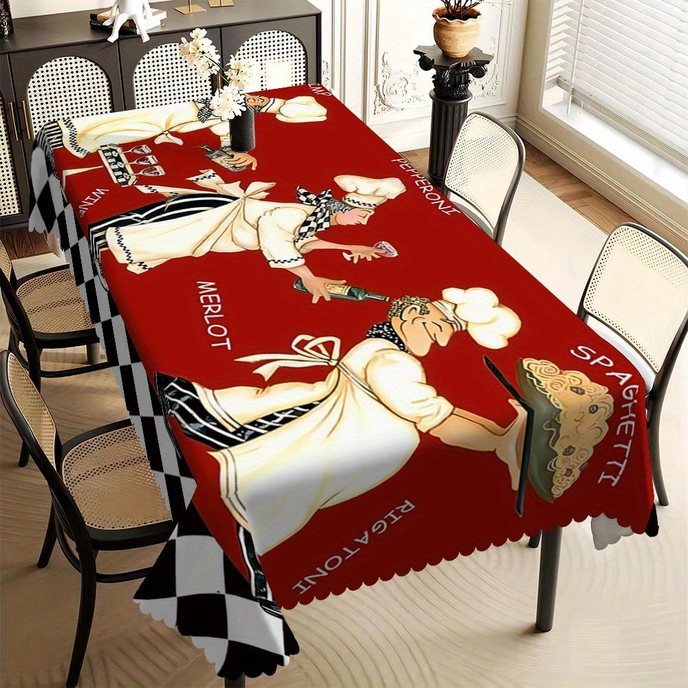 Retro Italian Chef Tablecloth, Red Background with Spaghetti & Wine Print, Scalloped Edge, Stain Resistant, for Kitchen & Dining