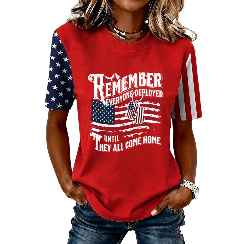 Women Casual Short Sleeve T Shirt Crew Neck Letter Print Top Stars and Stripes Sleeve Design Comfortable Fit