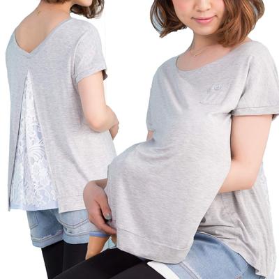 Sweet Mommy Maternity Nursing Clothing Tops Back Slit Lace X Cotton Stripe M Heathered Gray