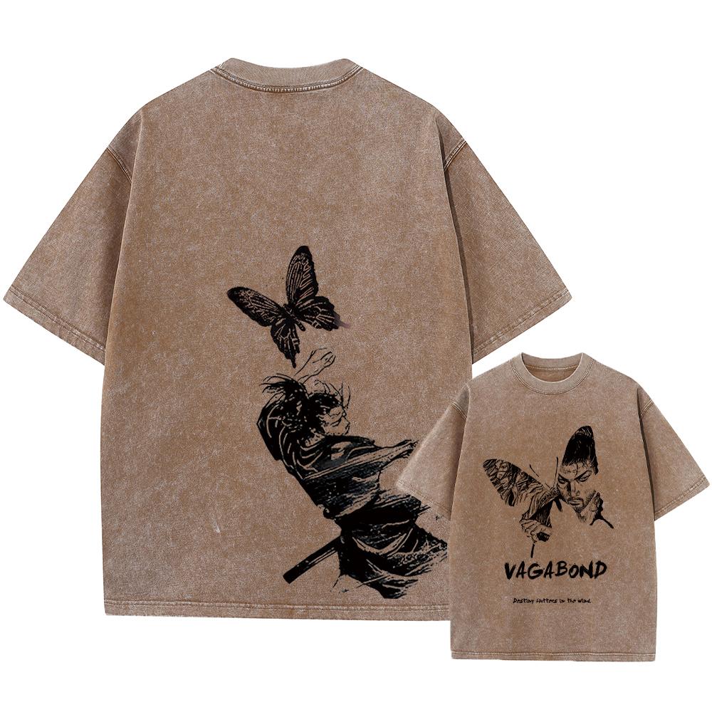 Anime Miyamoto Musashi Acid T Shirts Casual Vintage Washed Tee Short Sleeve Manga Gothic Tops Unisex Summer