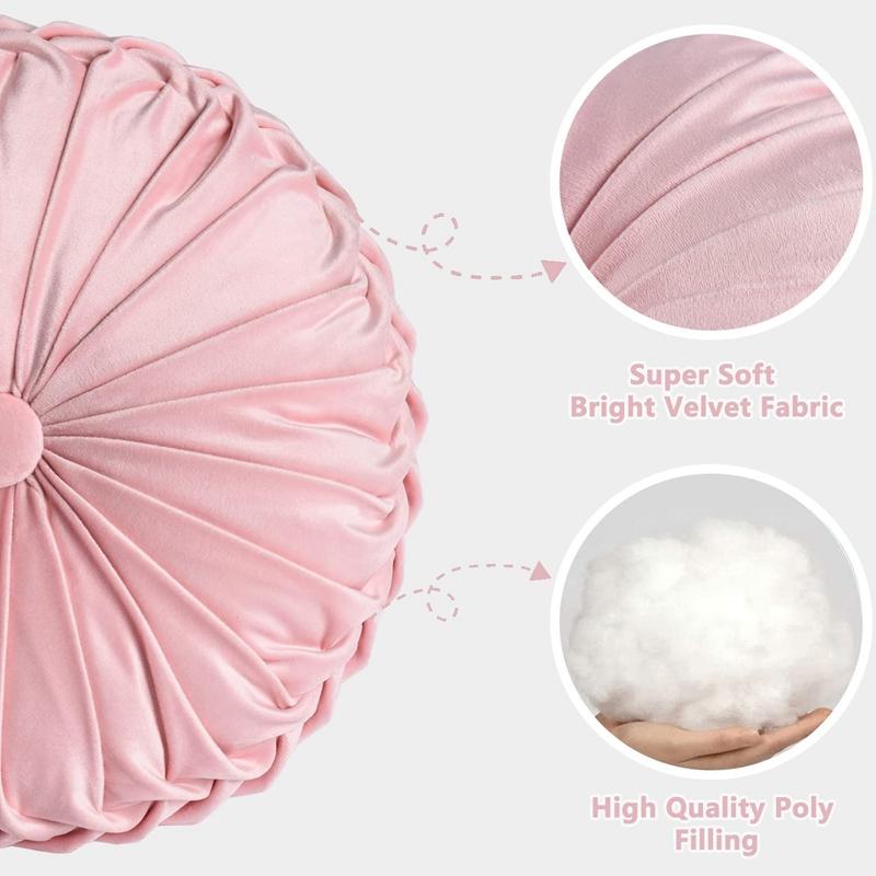 Round Pleated Throw Pillow Soft Velvet Decorative Plush Round Pillow Seat Cushion Decorative Pillows For Bed Couch Chair Cream