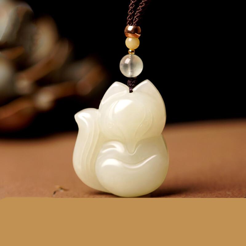 Certified Unisex Xinjiang Hetian Jade Nine-Tailed Fox Pendant