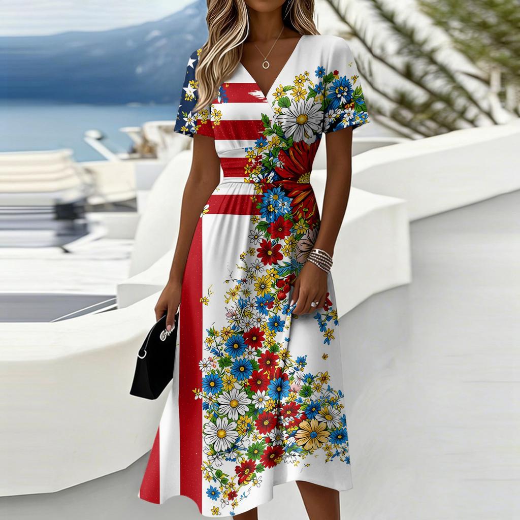 Women's Independence Day Print Casual Fashion Short Sleeve V-Neck Dress